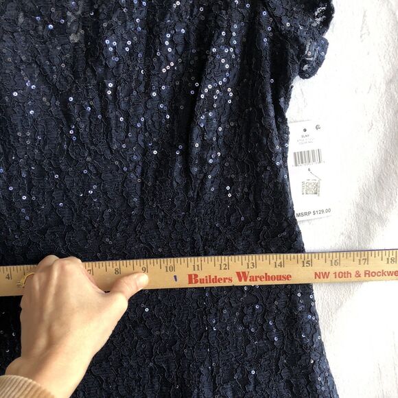 NWT SLNY Semi-Formal Navy Fluted Skirt, Short Sleeve, Midi Sequins Gown Size 6 - Picture 9 of 10